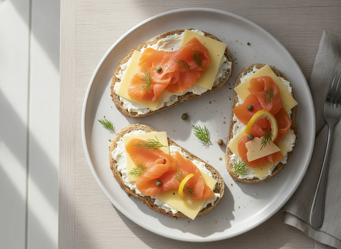 Open-faced sandwiches with cheese and smoked salmon photo
