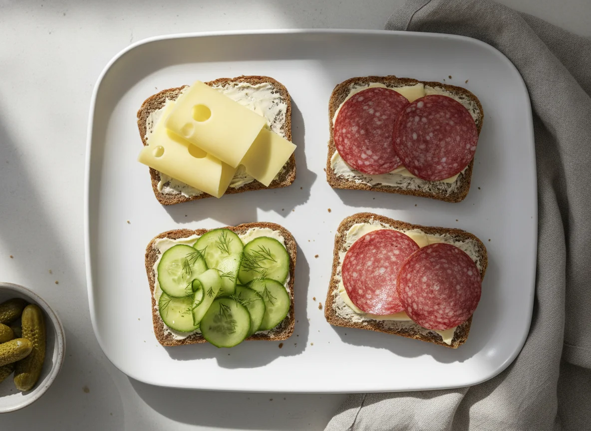 Open-faced sandwiches with cheese, salami, and cucumber photo