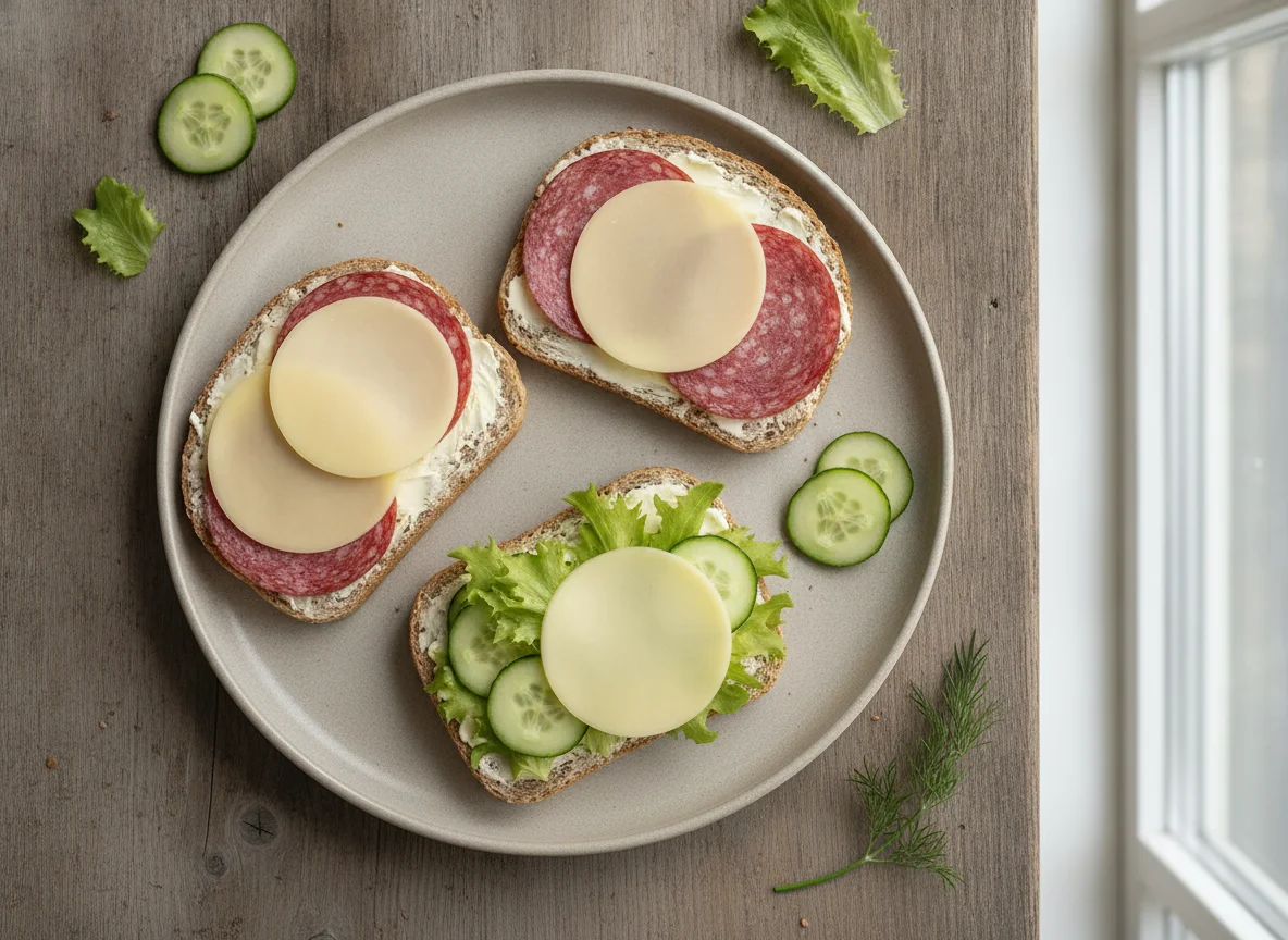 Open-faced sandwiches with cheese, salami, and vegetables photo