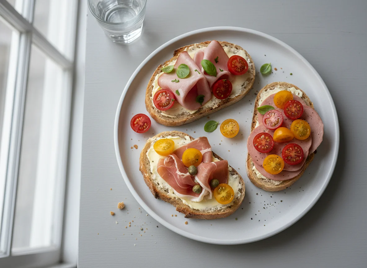 Open-faced sandwiches with deli meat and tomatoes photo