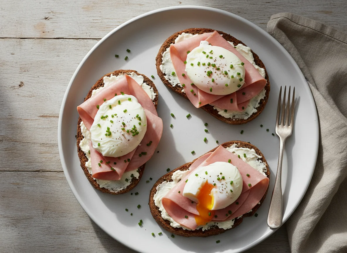 Open-faced sandwiches with egg and cold cut photo