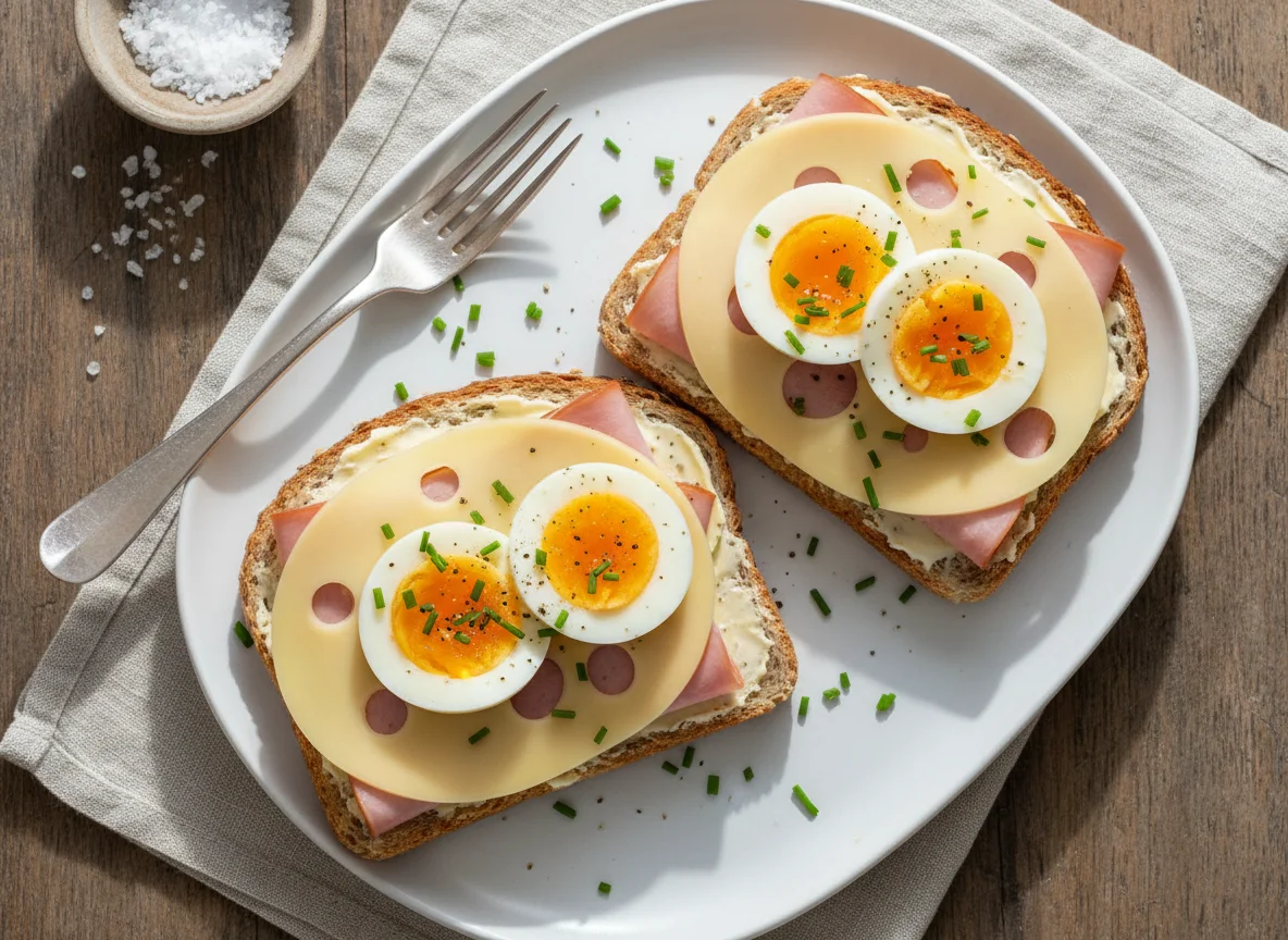 Open-faced sandwiches with egg and ham photo
