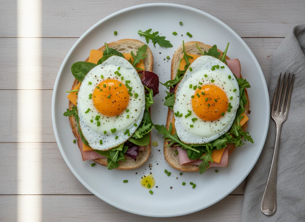 Open-faced sandwiches with fried eggs photo