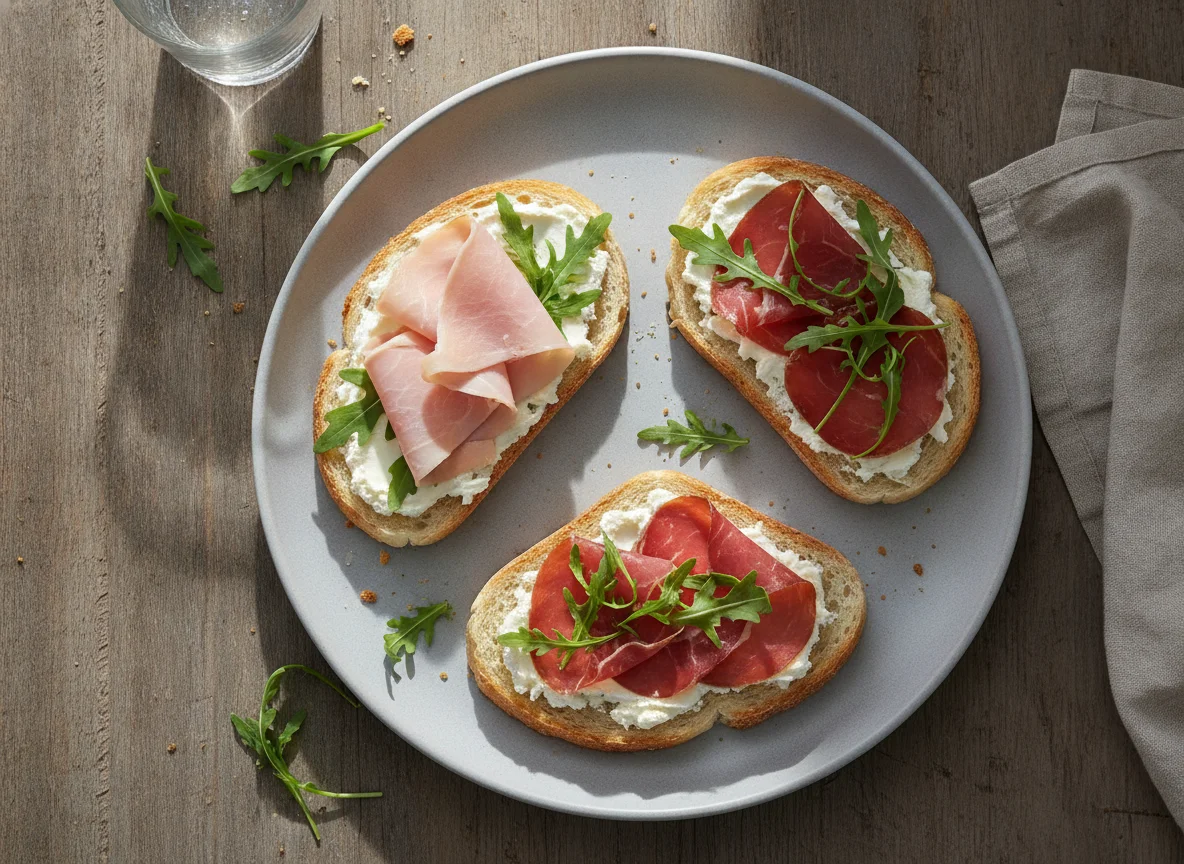 Open-faced sandwiches with ham and bresaola photo