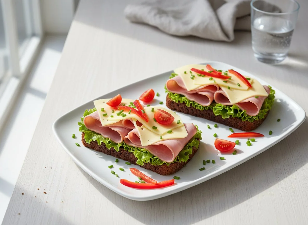 Open-faced sandwiches with ham and cheese photo