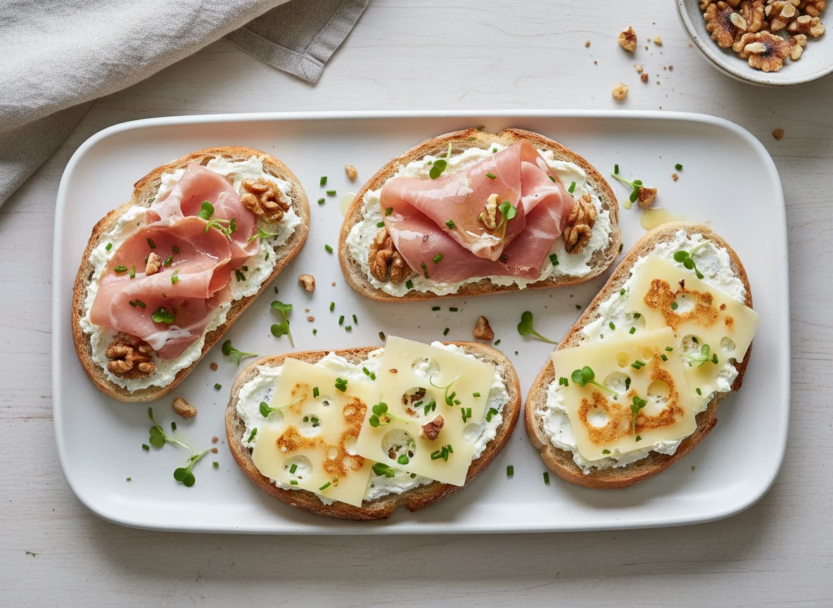 Open-faced sandwiches with ham, cheese, and cream cheese with nuts photo