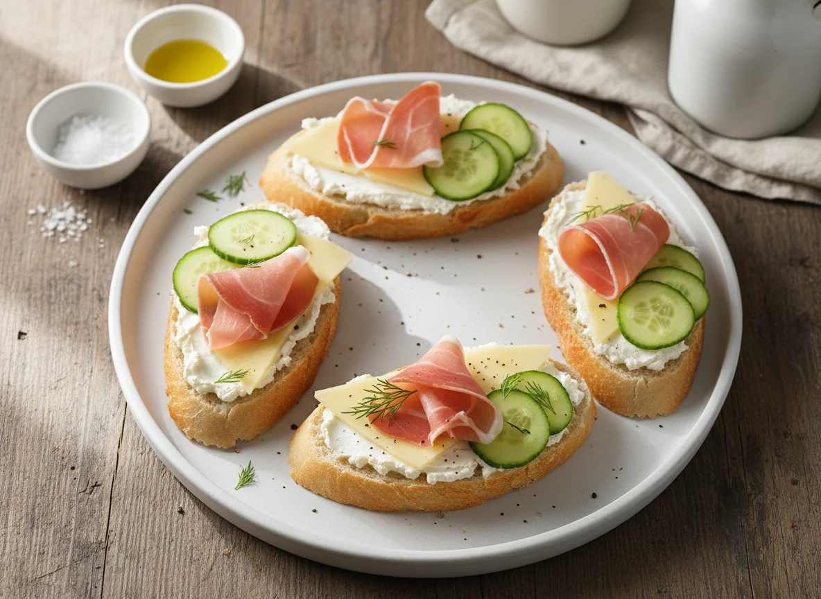 Open-faced Sandwiches with Ham, Cheese, and Cucumber photo