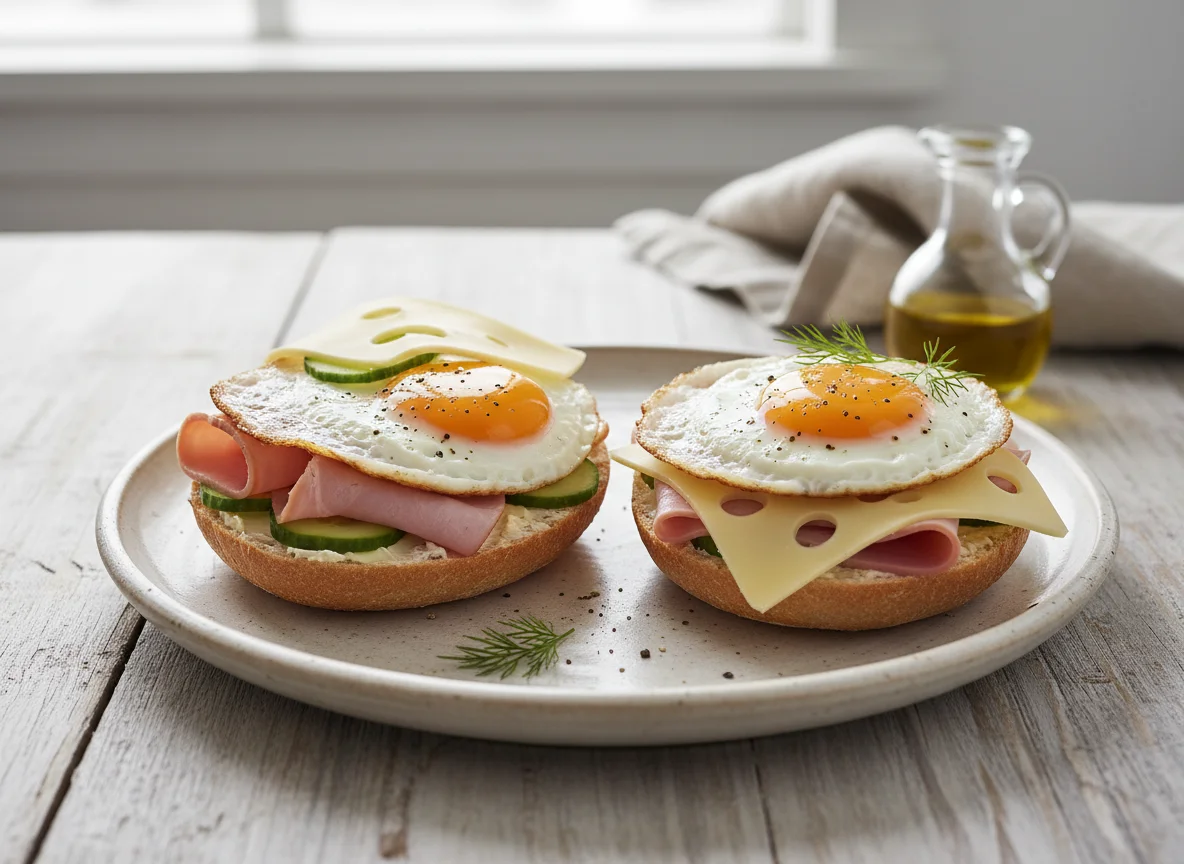Open-faced sandwiches with ham, cheese, and fried egg photo