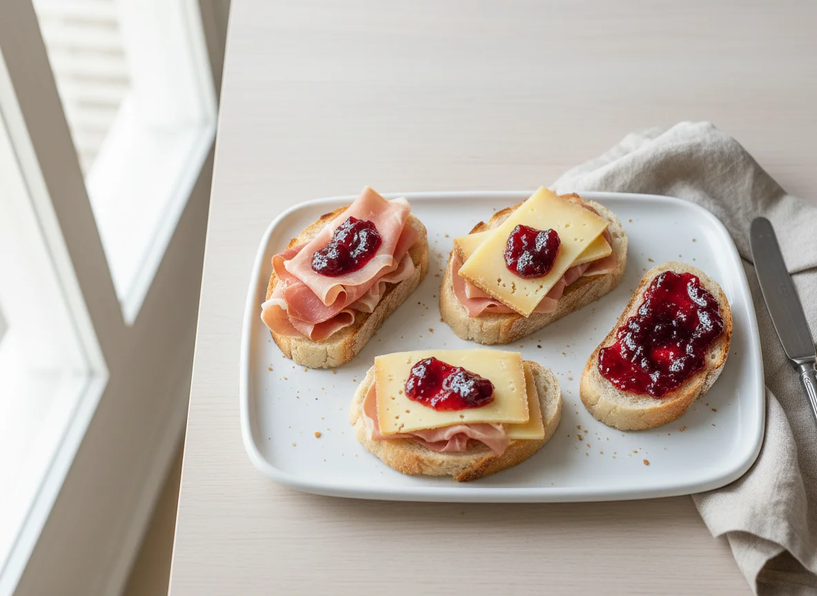 Open-faced sandwiches with ham, cheese, and jam photo