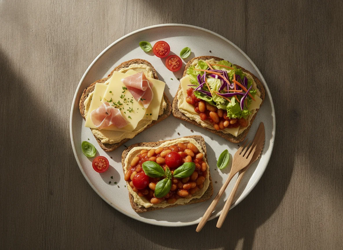 Open-faced sandwiches with hummus, cheese, ham, baked beans and salad photo