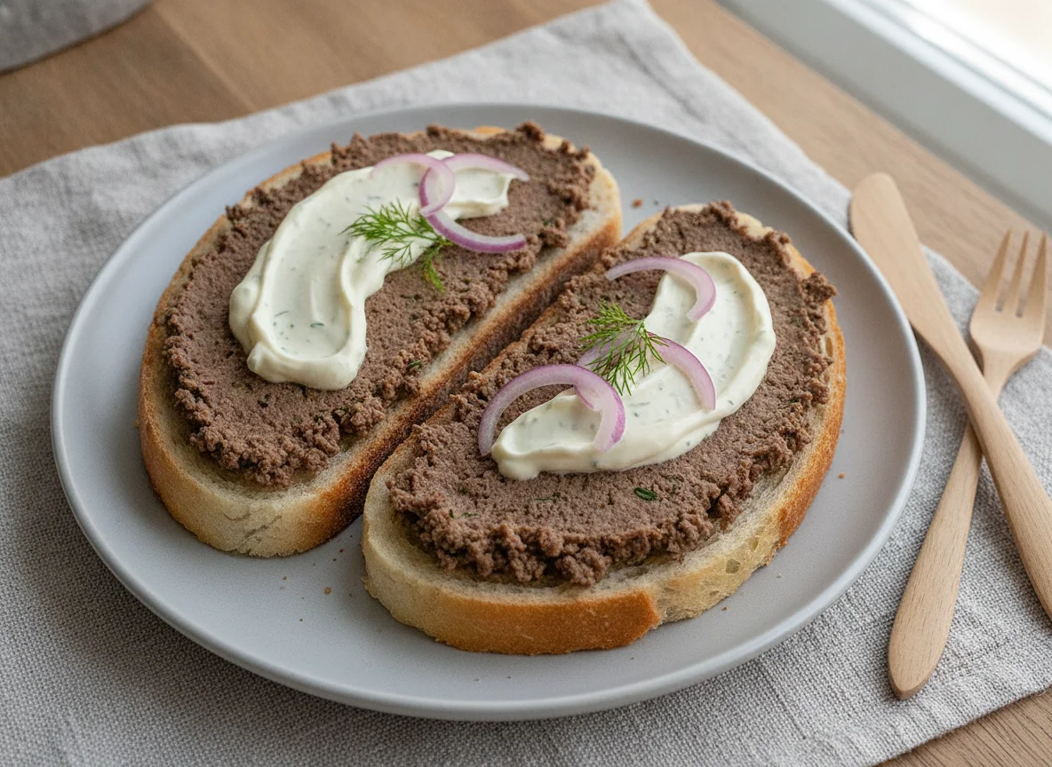 Open-faced sandwiches with meat spread and sauce photo