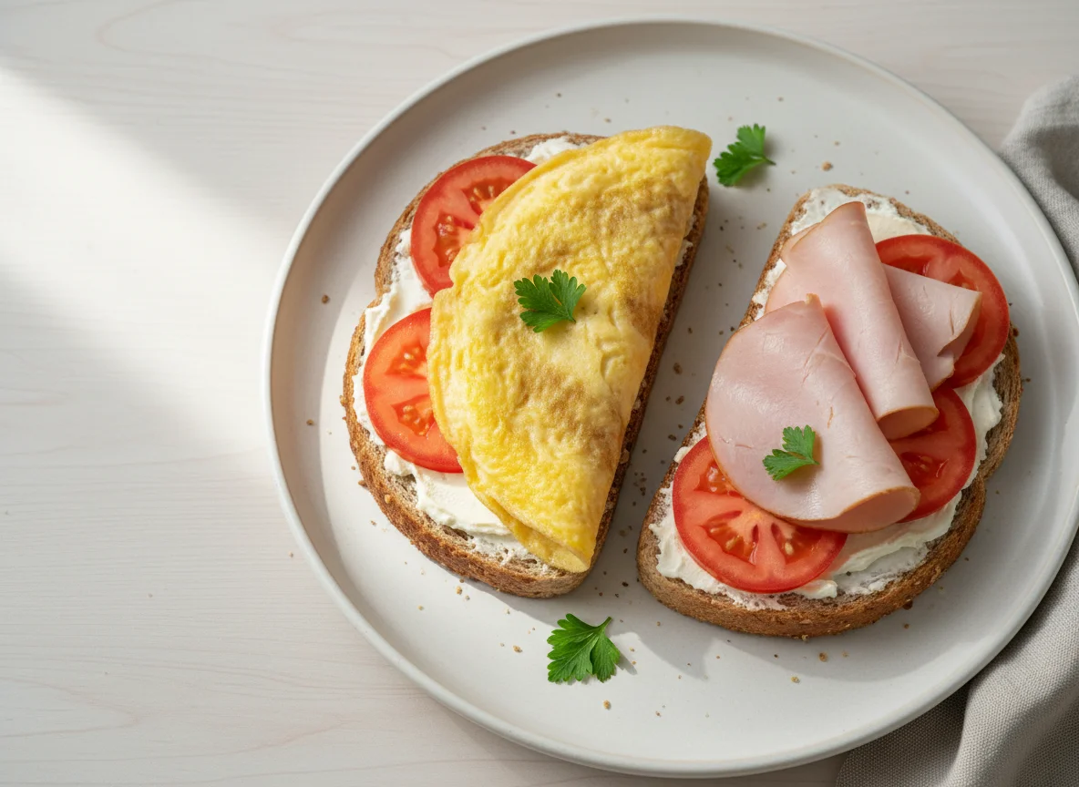 Open-faced sandwiches with omelet and cold cuts photo