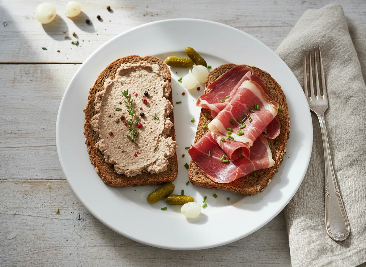 Open-faced sandwiches with pâté and cured ham photo