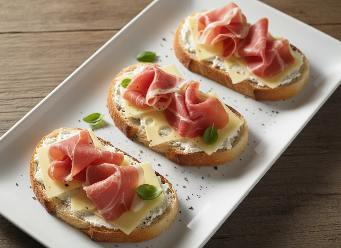 Open-faced sandwiches with prosciutto and cheese photo