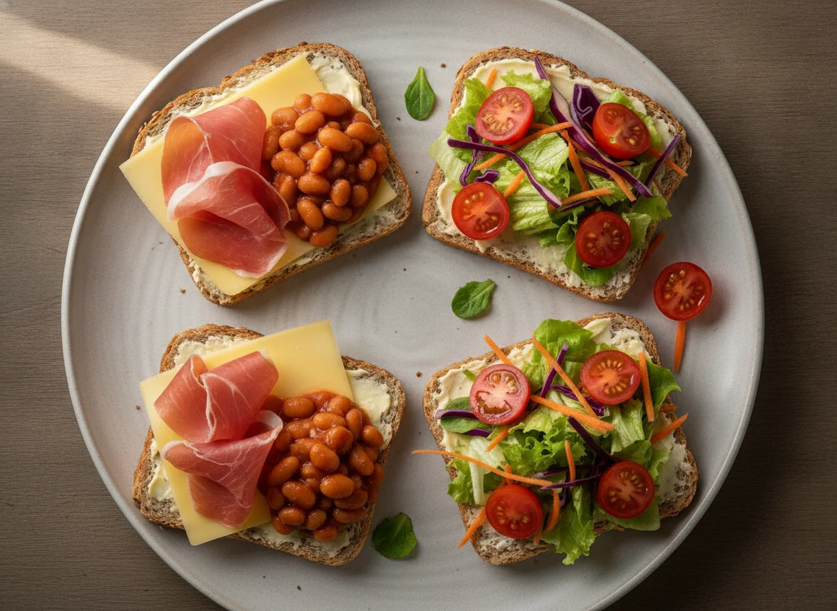 Open-faced sandwiches with prosciutto, cheese, baked beans and salad photo