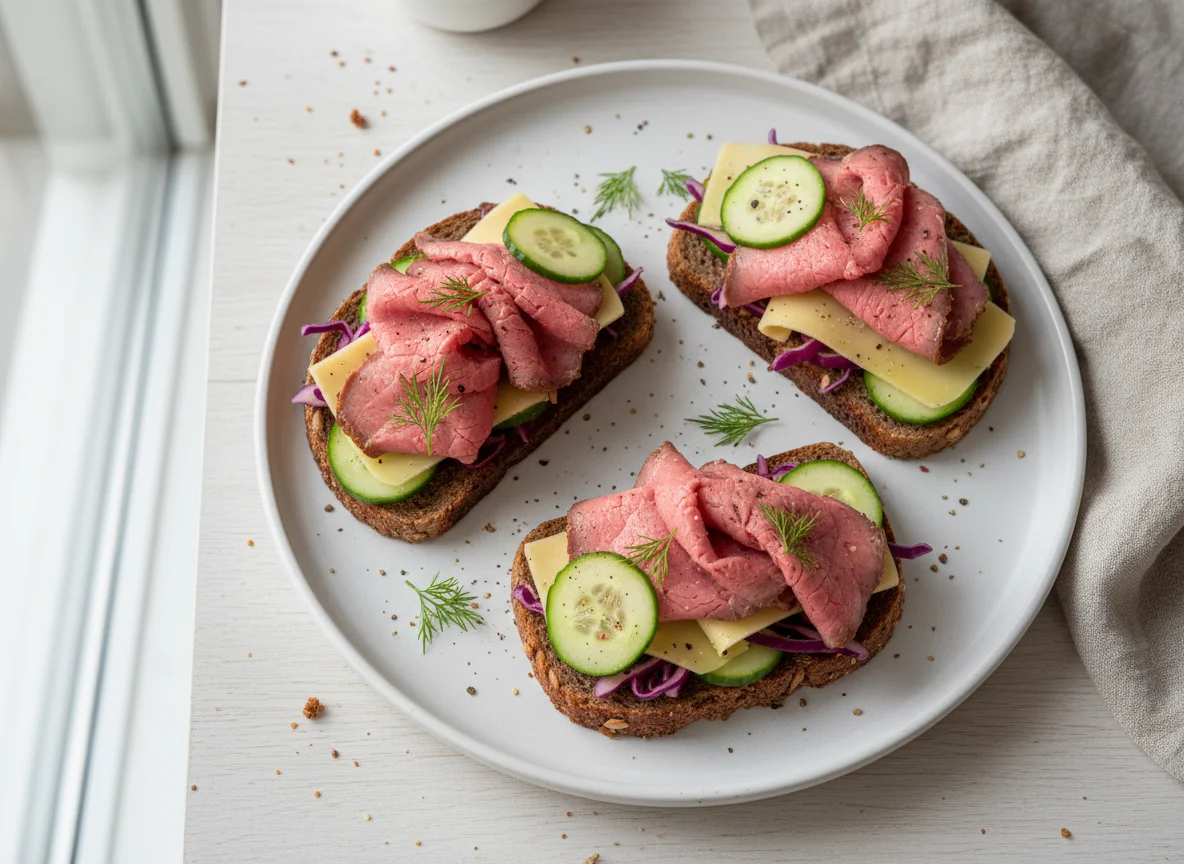 Open-faced sandwiches with roast beef, cheese, and vegetables photo