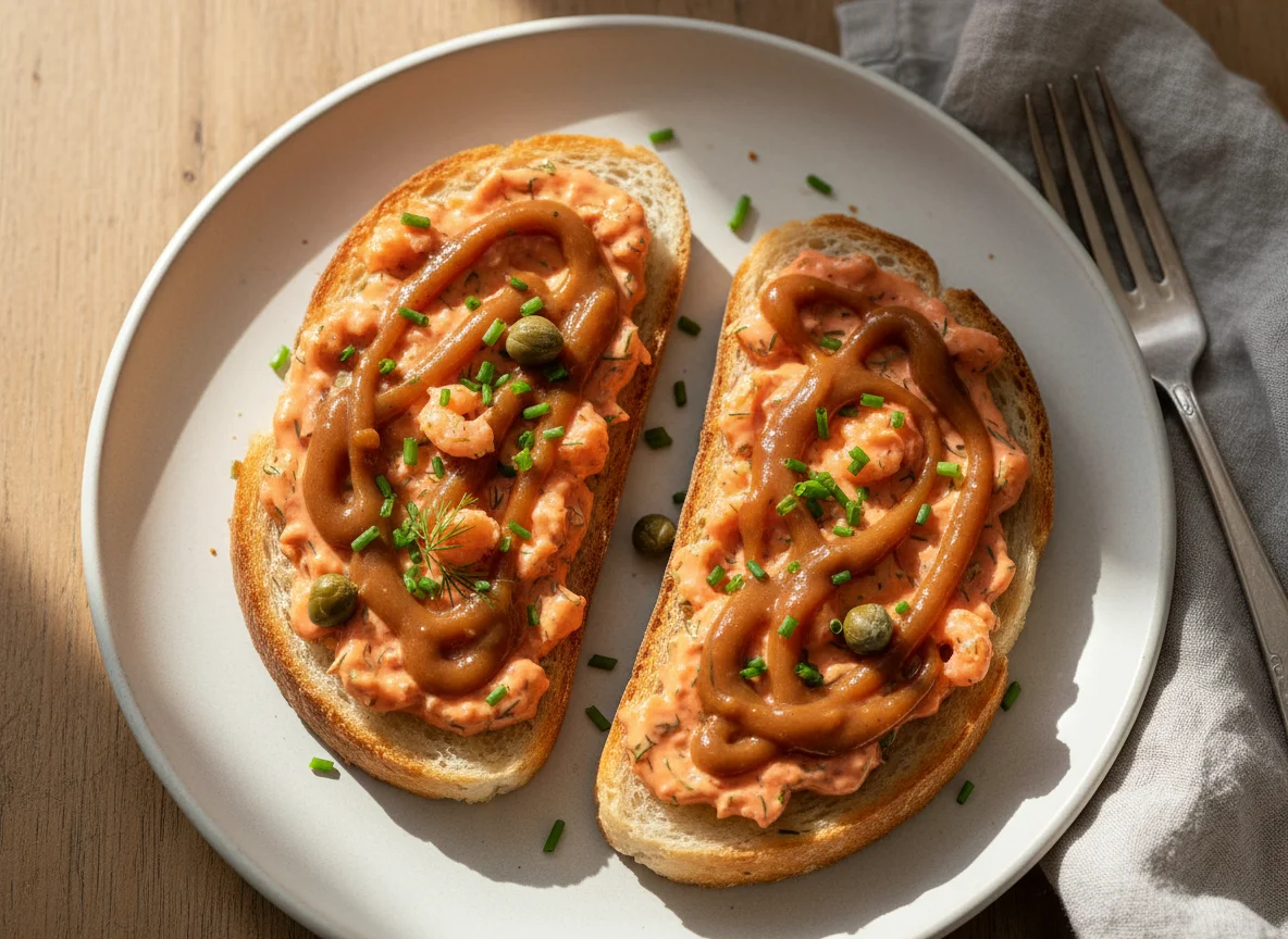 Open-faced sandwiches with sauce photo