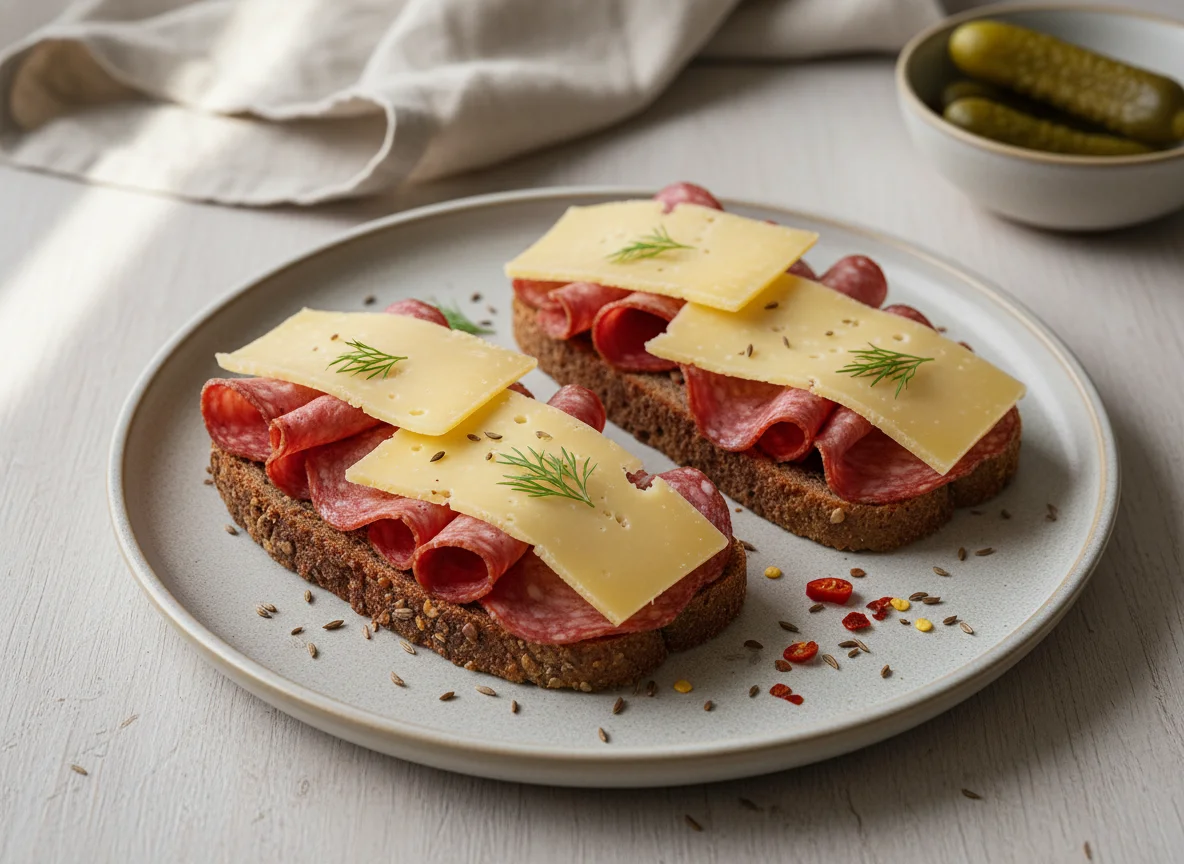 Open-faced sandwiches with sausage and cheese photo