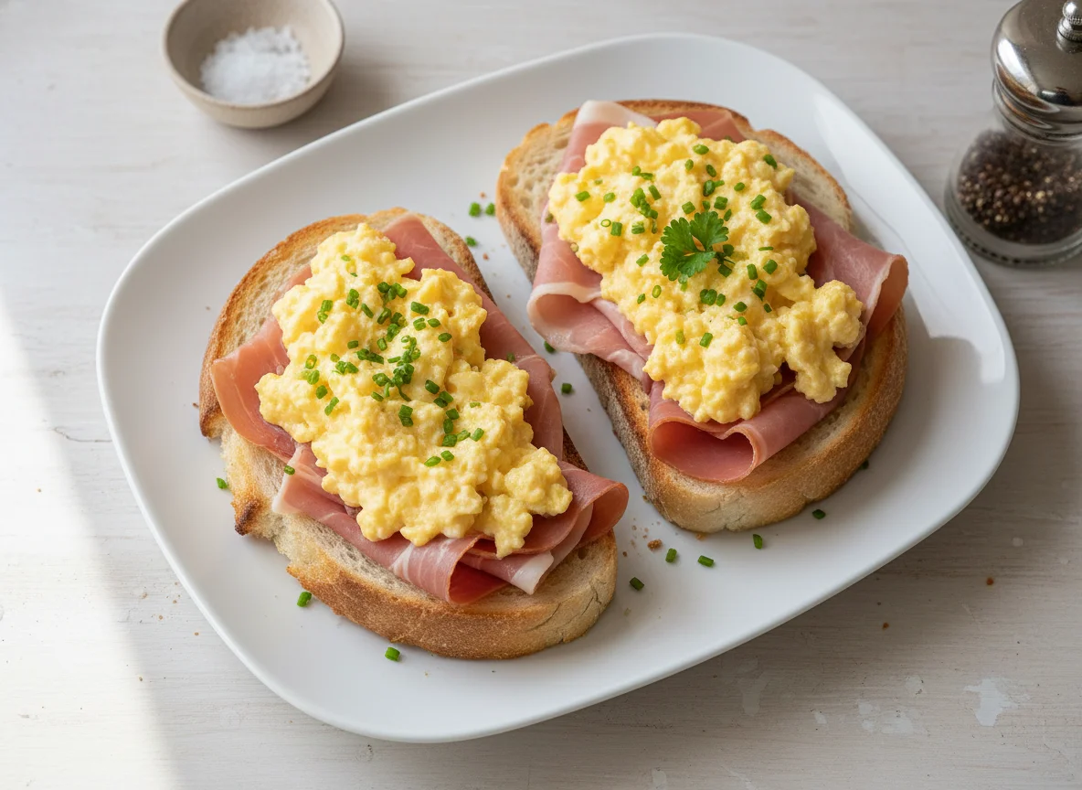 Open-faced sandwiches with scrambled eggs and ham photo
