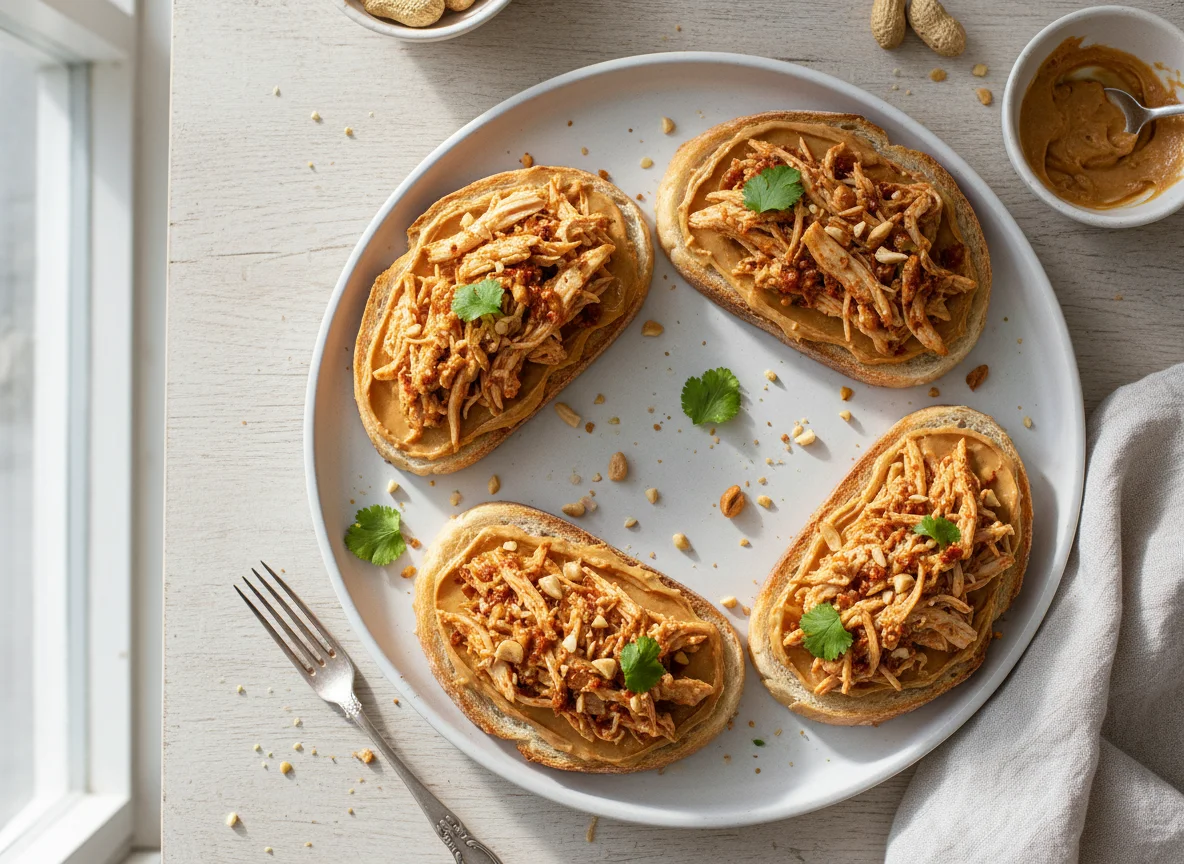 Open-faced sandwiches with shredded chicken photo