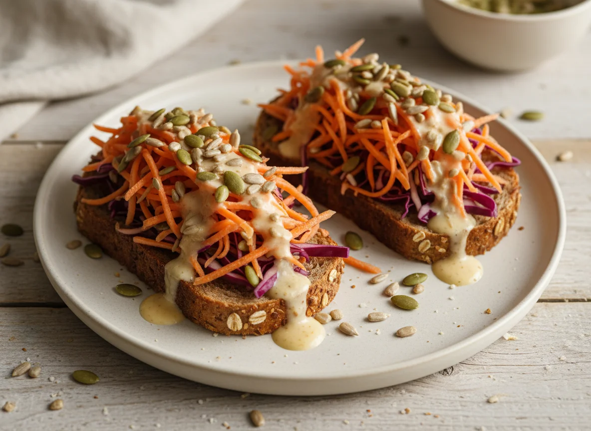 Open-faced sandwiches with shredded vegetables and seeds photo
