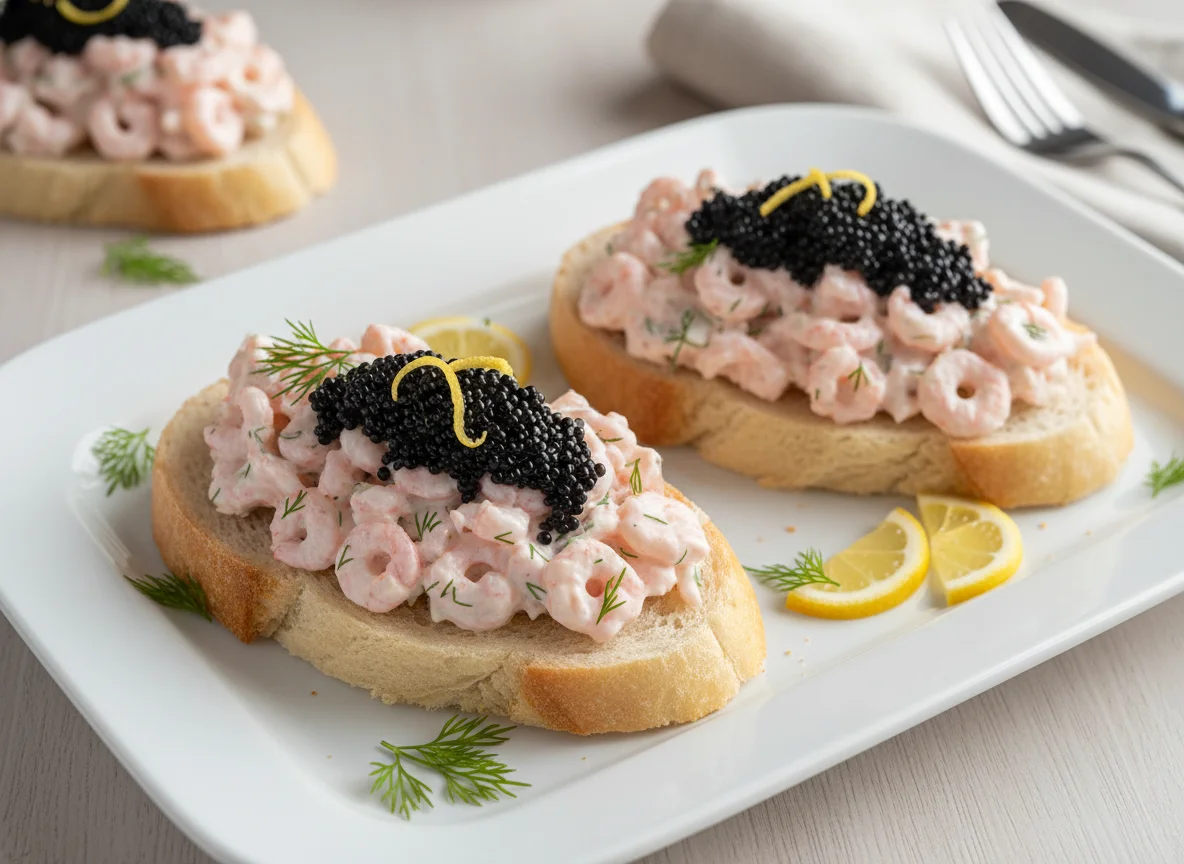 Open-faced sandwiches with shrimp salad and caviar photo