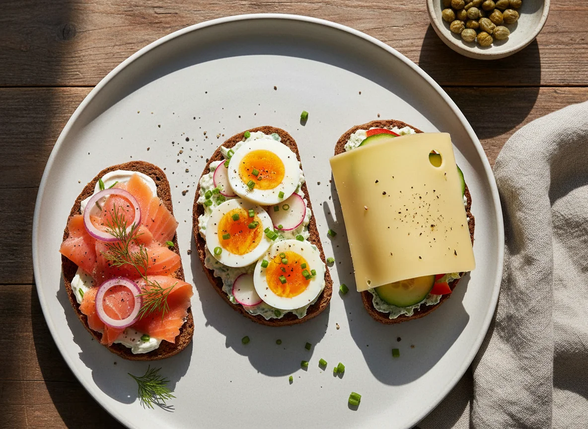 Open-faced sandwiches with various toppings photo