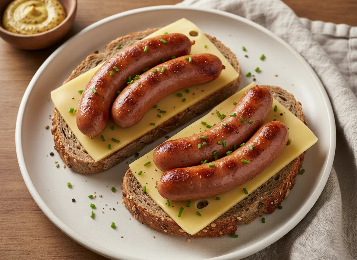 Open-faced sausage and cheese sandwiches photo