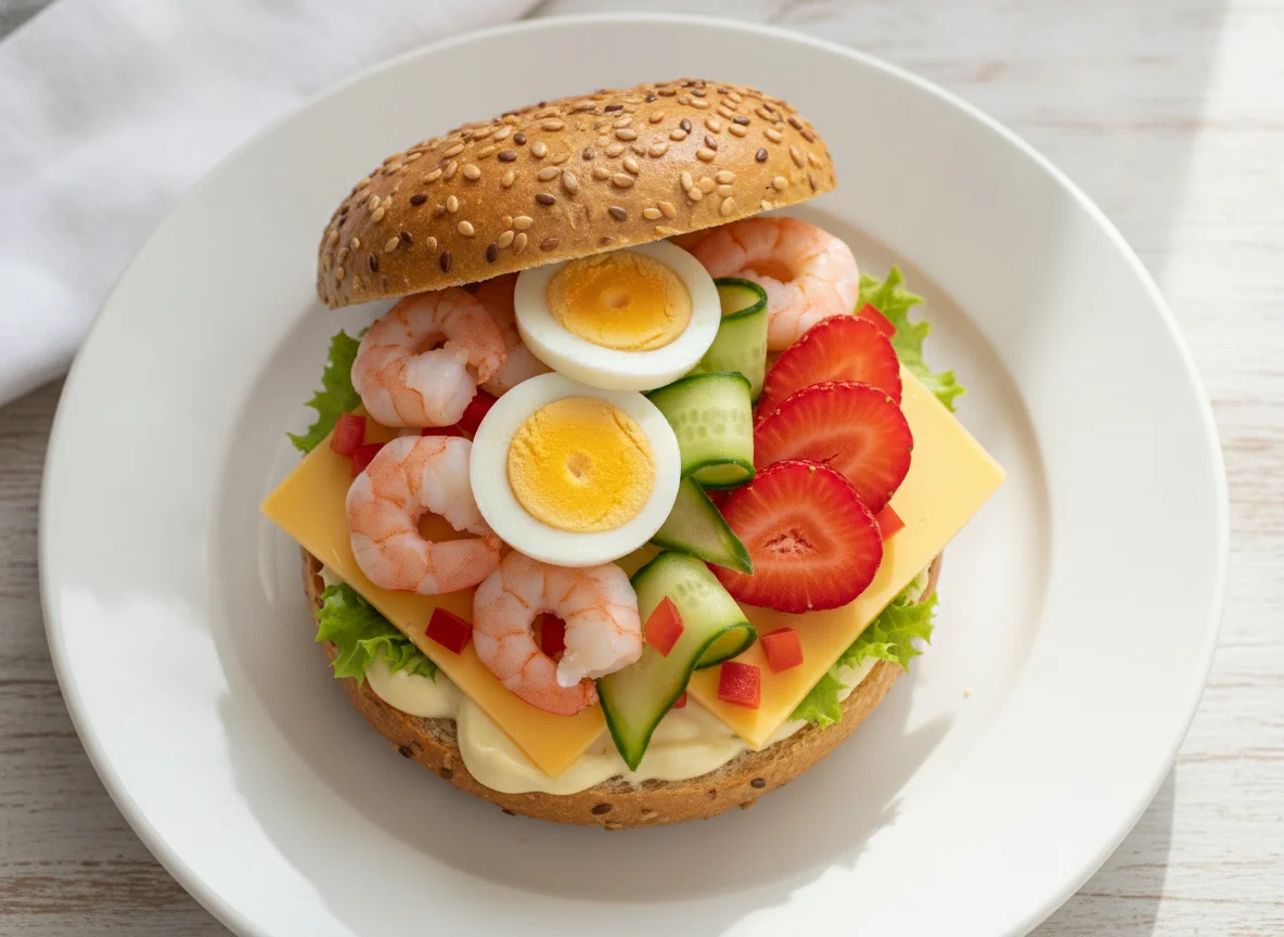 Open-faced shrimp and egg sandwich with strawberries photo