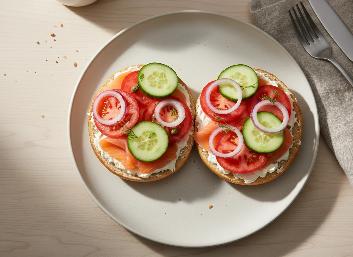 Open-faced Smoked Salmon Bagel with Vegetables photo