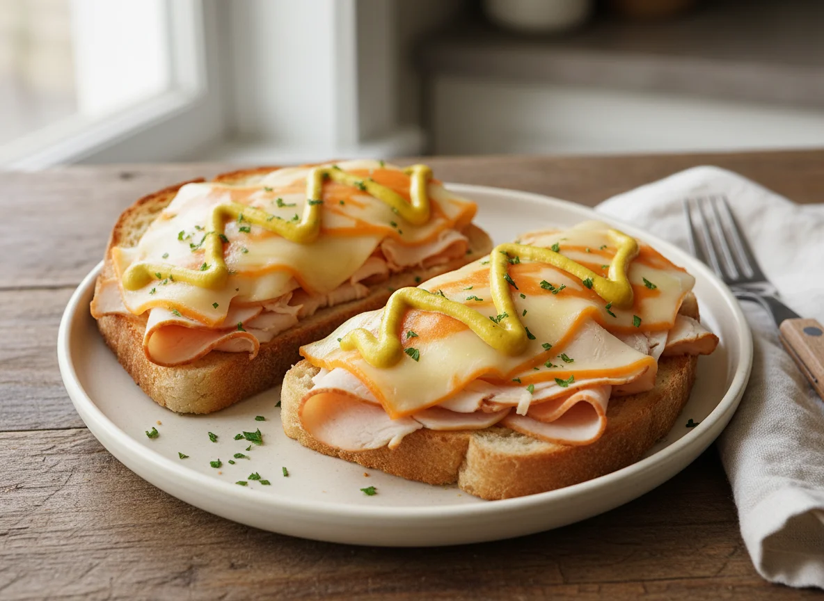 Open-faced turkey and cheese sandwich photo