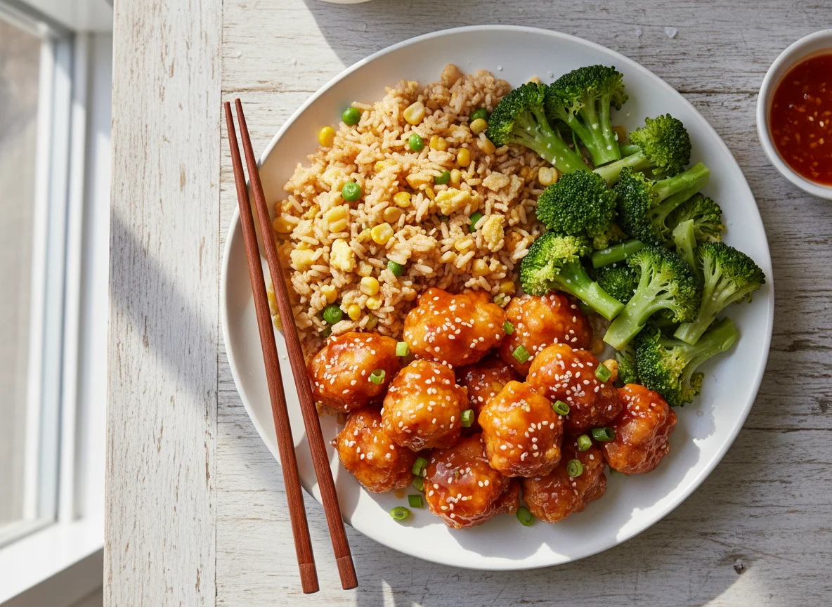 Orange Chicken with Fried Rice and Broccoli photo