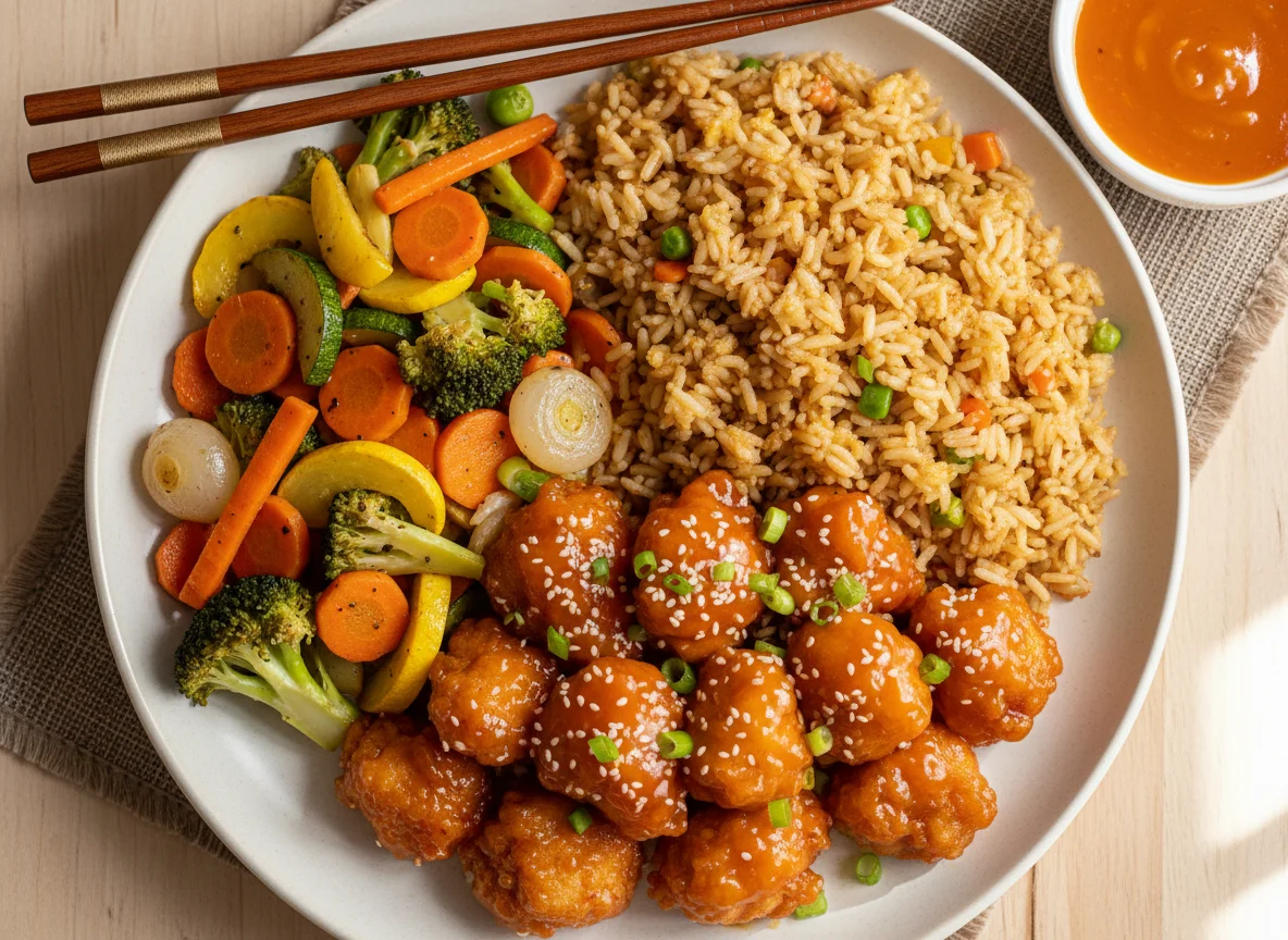 Orange Chicken with Fried Rice and Mixed Vegetables photo