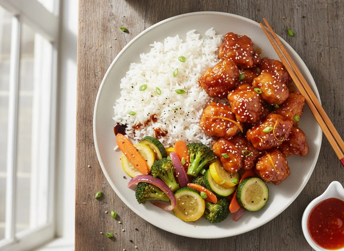 Orange Chicken with Rice and Mixed Vegetables photo
