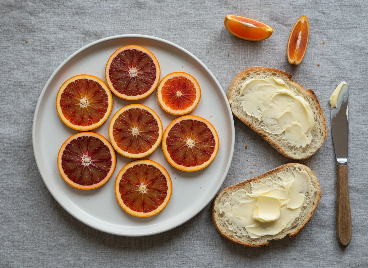 Orange slices and bread with butter photo
