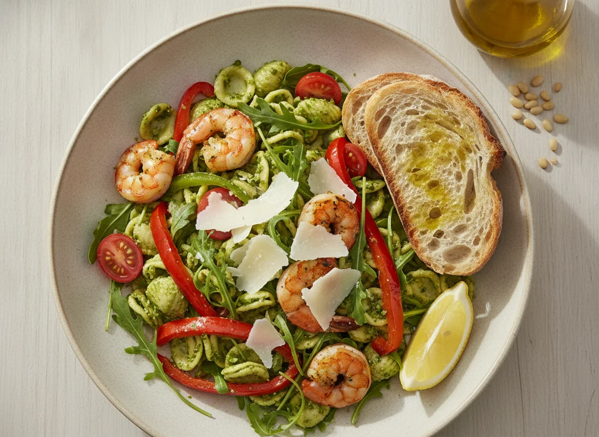 Orecchiette pasta salad with shrimp, peppers, and arugula photo