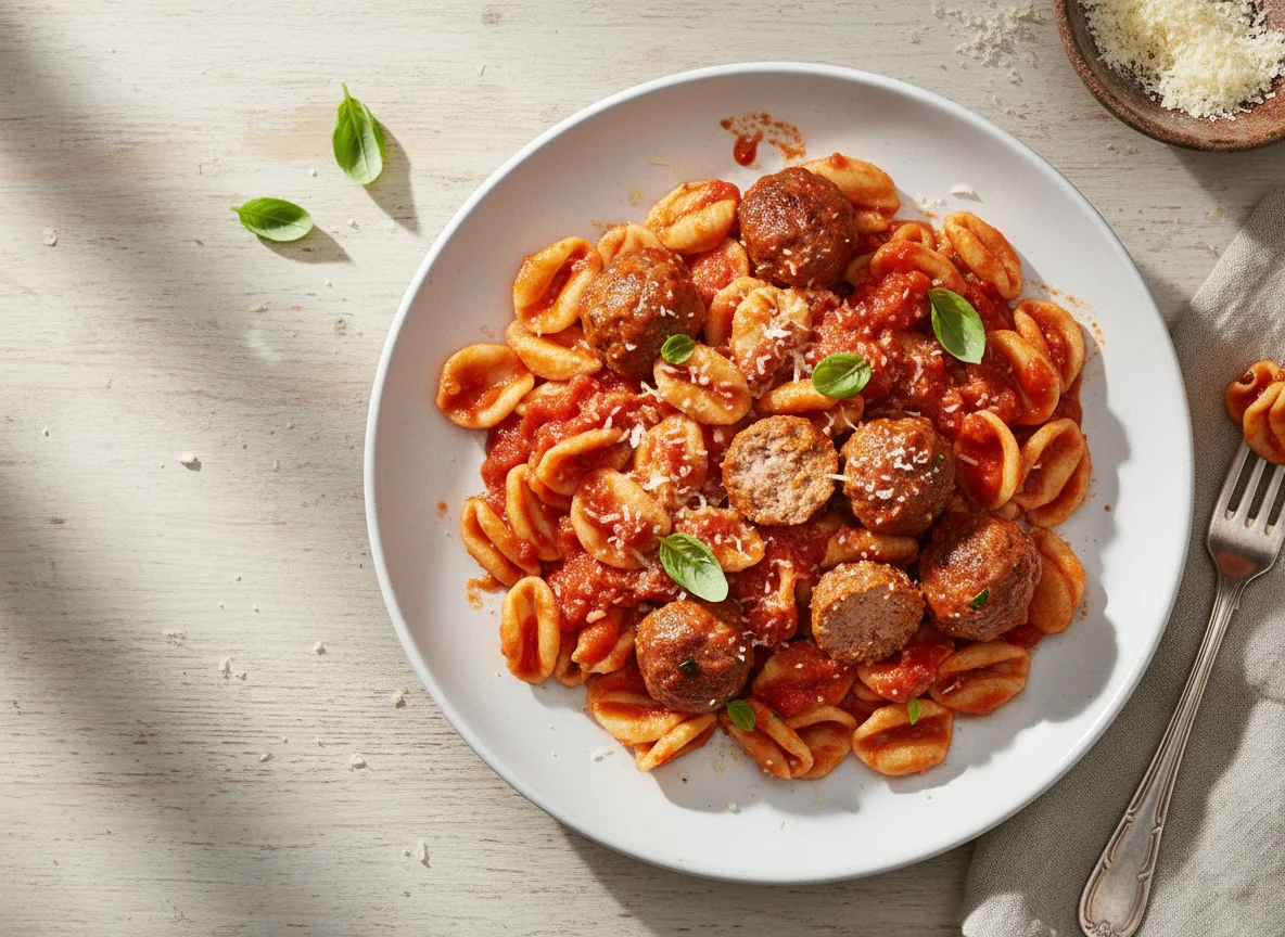 Orecchiette pasta with meatball and tomato sauce photo