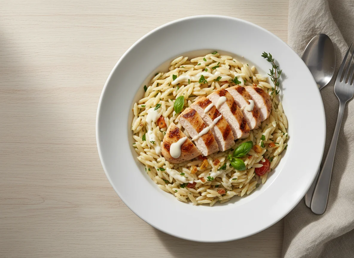 Orzo pasta with chicken and low-fat cream photo