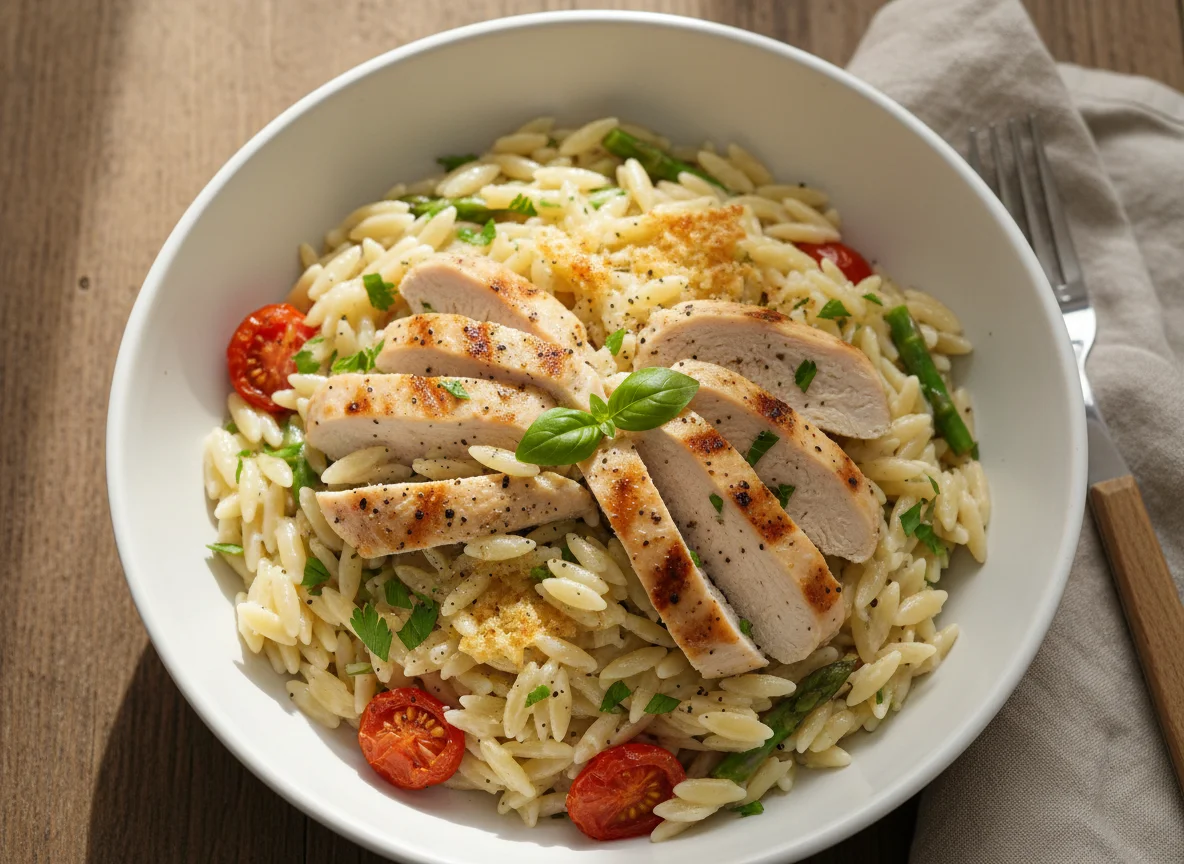 Orzo pasta with chicken and low-fat cream sauce photo