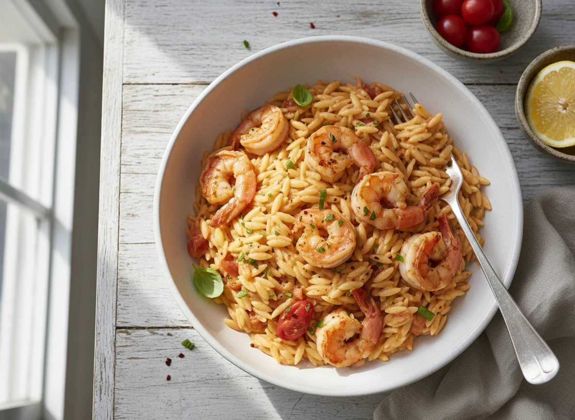 Orzo Pasta with Creamy Tomato Sauce and Shrimp photo