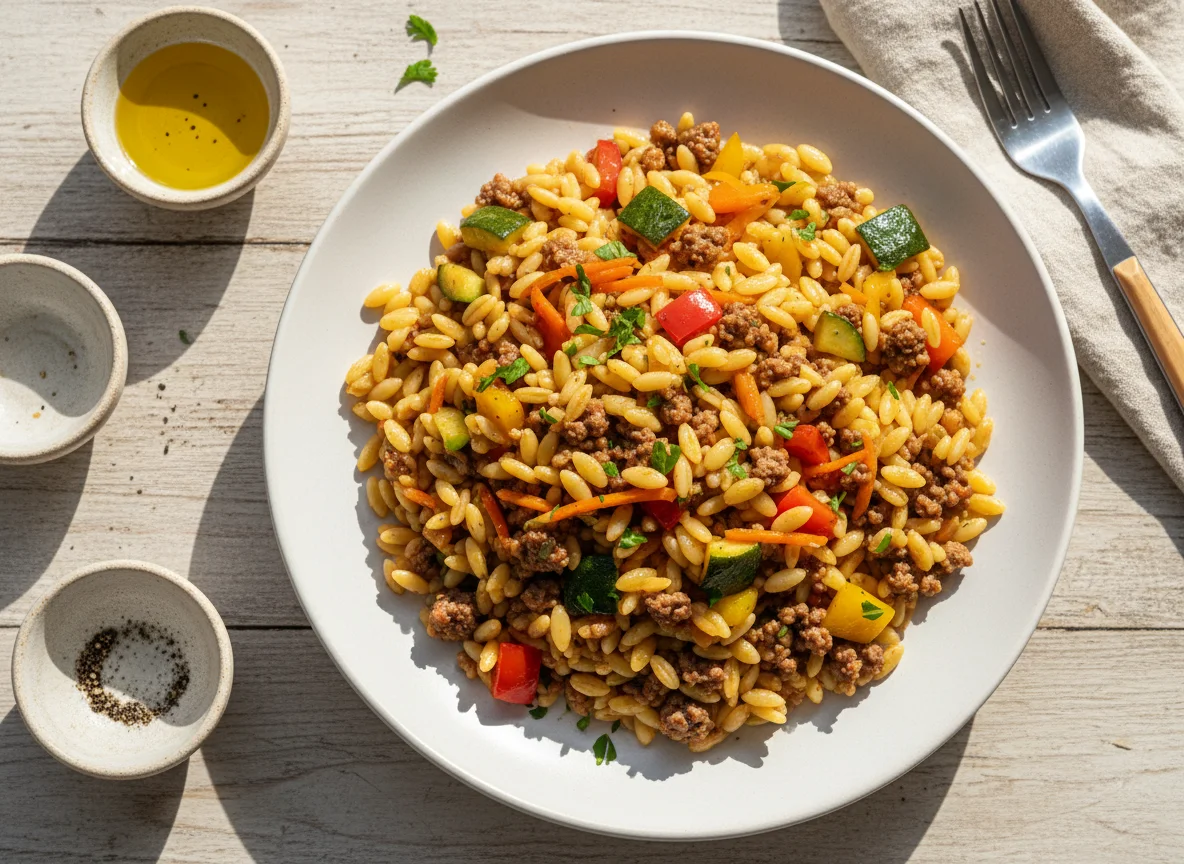 Orzo pasta with minced meat and vegetables photo