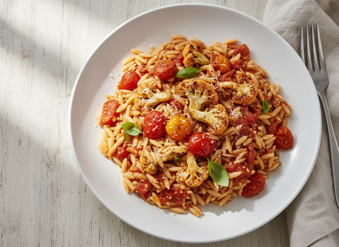Orzo pasta with roasted cauliflower and tomato sauce photo