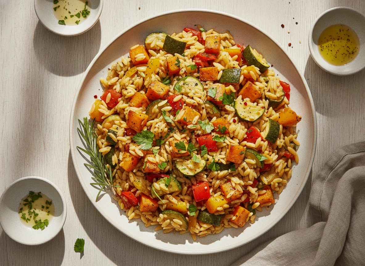 Orzo pasta with roasted vegetables photo
