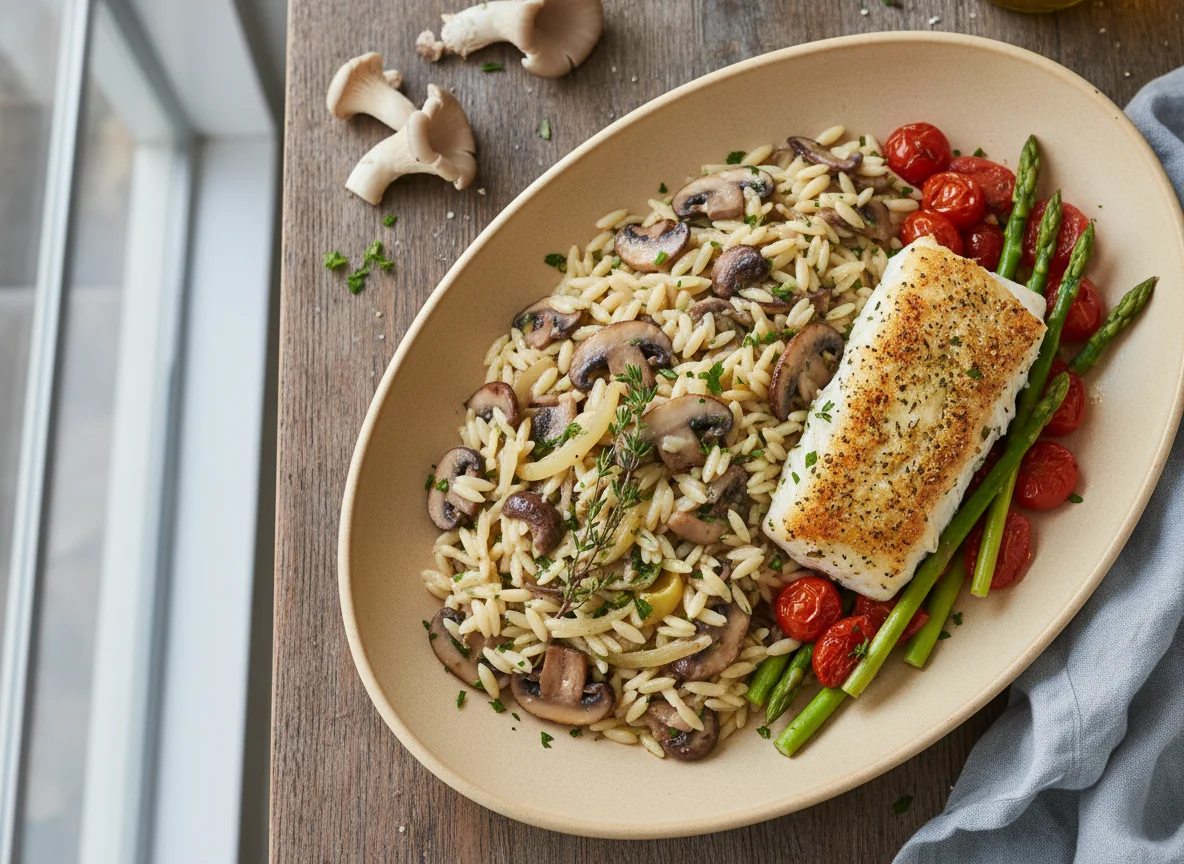 Orzo with Mushrooms and Baked Fish photo