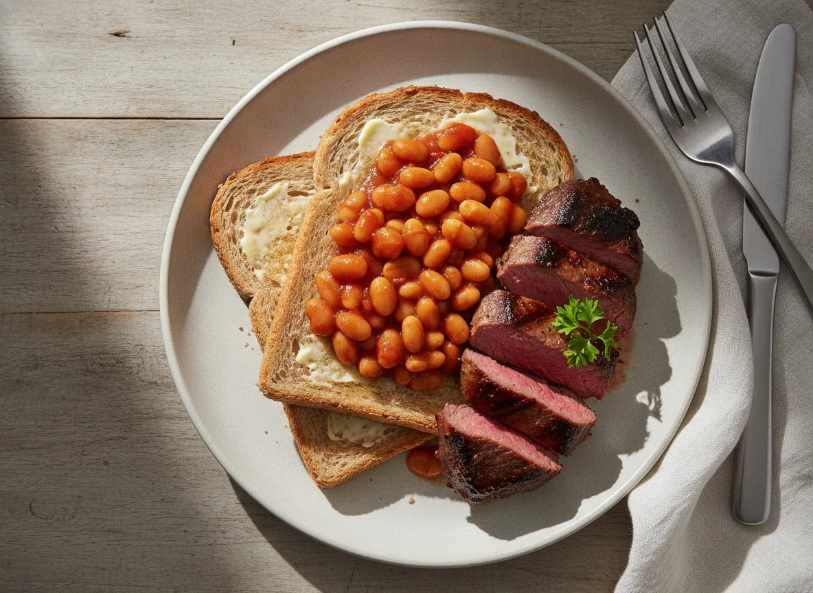 Ostrich fillet with baked beans on toast photo