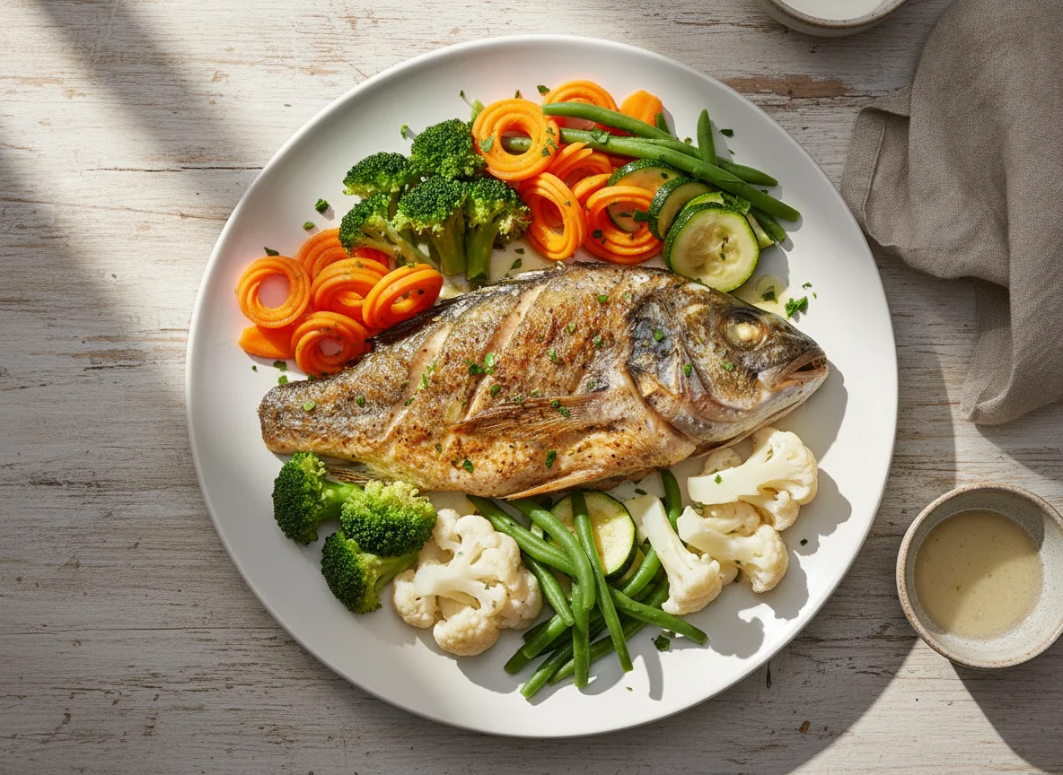 Oven cooked fish head with steamed vegetables photo