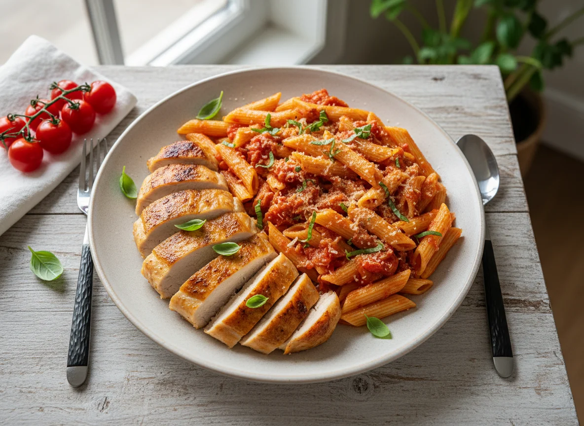 Oven-baked Chicken Breast with Penne Pasta in Tomato Sauce photo