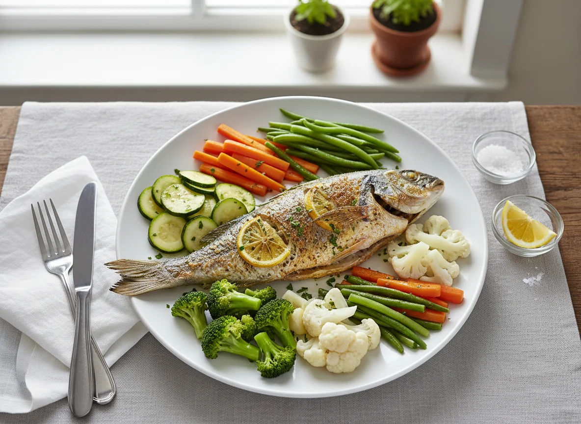 Oven-cooked Fish with Steamed Vegetables photo