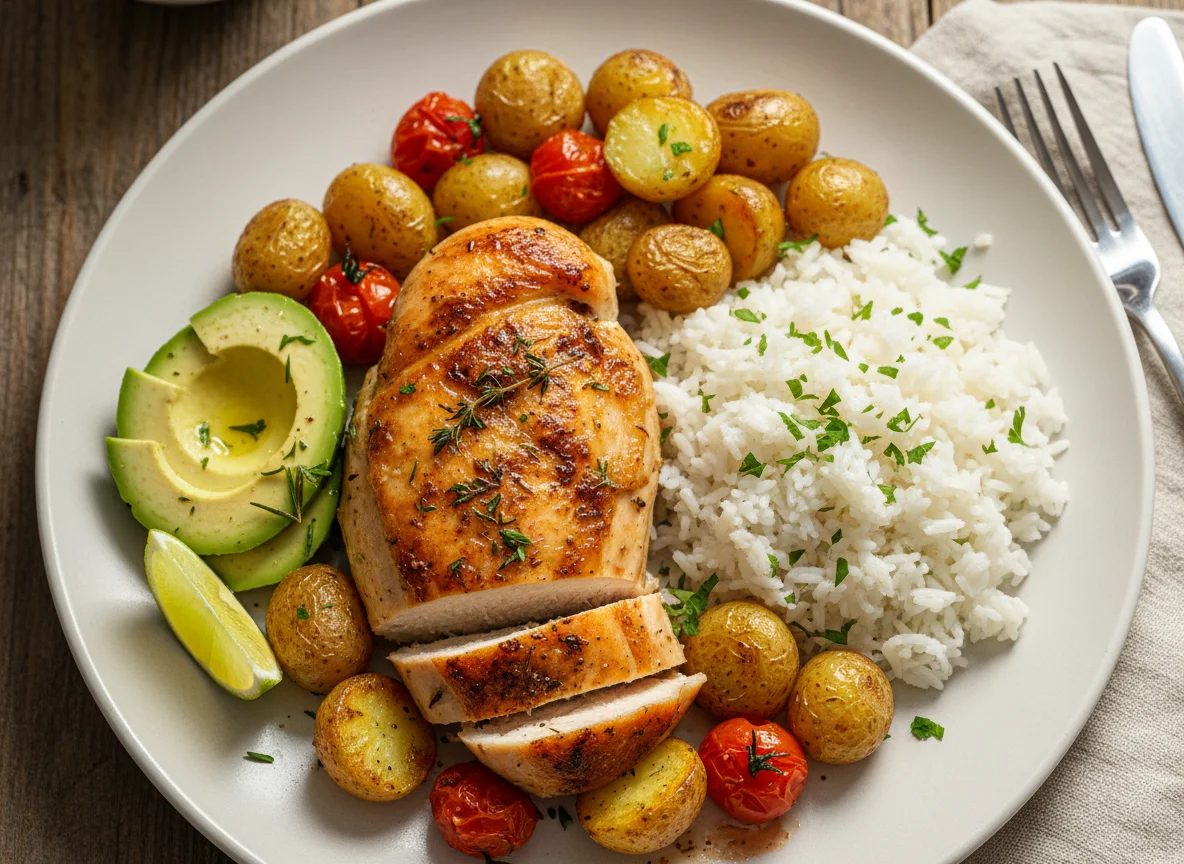 Oven-roasted chicken with rice, potatoes, avocado, and tomato photo
