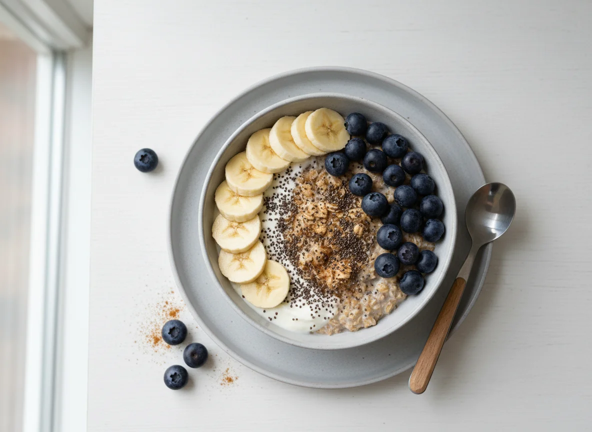 Overnight oats with banana and blueberries photo